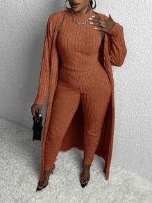 Slaydiva Women's Plus Size Plain Suit, Jacket+Tank Top+Long Pants - Redwood - View 4