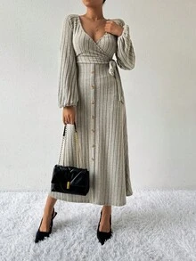 SHEIN Clasi Lantern Sleeve Wrap Dress With Belt And Button Detail - Khaki - View 6