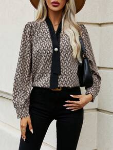 SHEIN LUNE Allover Print Contrast Trim Button Front Shirt - Multicolor - View 6