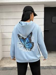 SHEIN EZwear Plus Butterfly & Slogan Graphic Drop Shoulder Hoodie - Blue - View 4