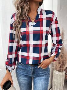 SHEIN LUNE 女士格紋印花鑲邊淺口卷袖襯衫