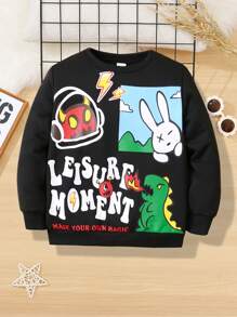 SHEIN Boys' Cute And Comfortable Cartoon Printed Crewneck Sweatshirt - Black - View 1