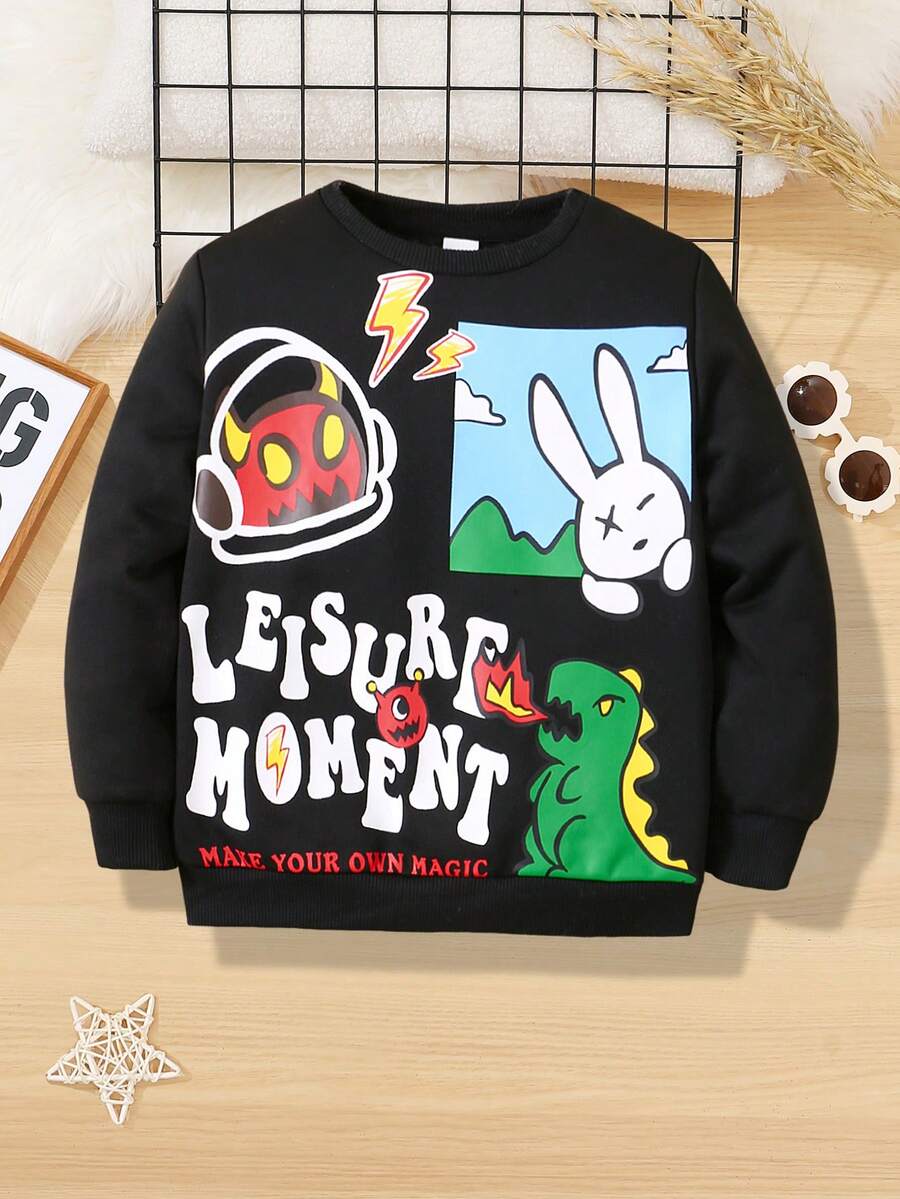 SHEIN Boys' Cute And Comfortable Cartoon Printed Crewneck Sweatshirt - Black - View 1