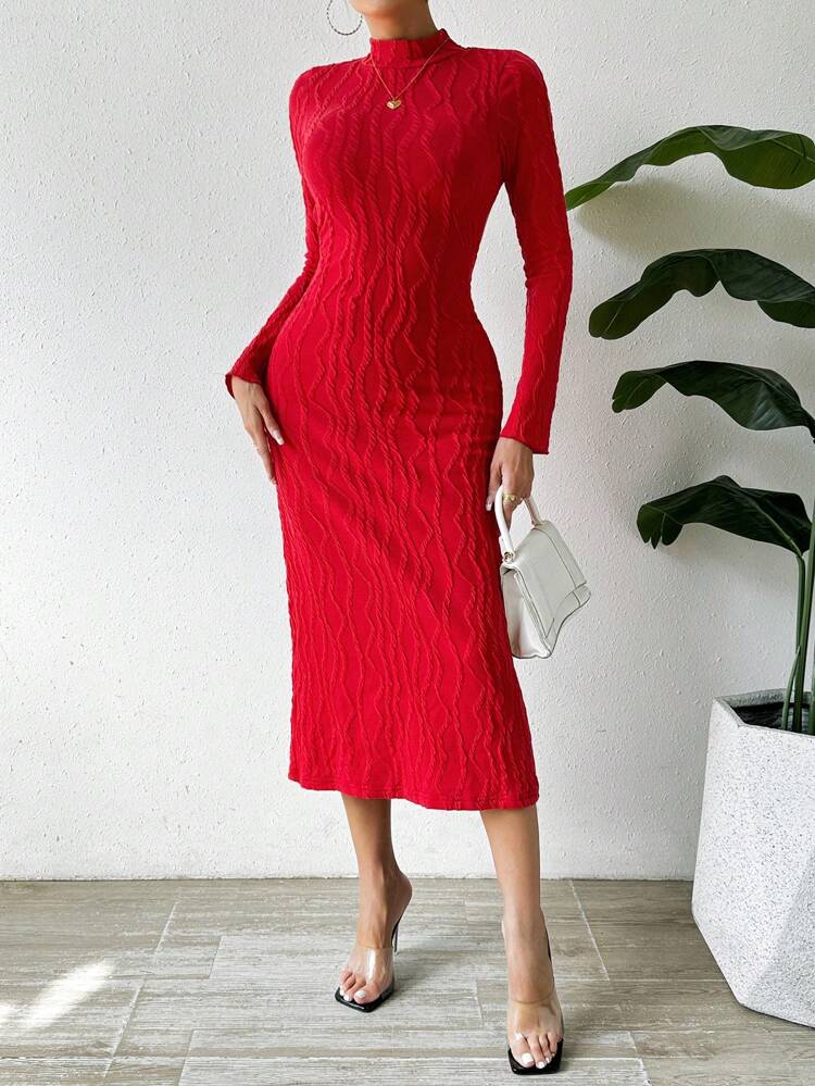 Slim Fit Textured Stand Collar Dress
