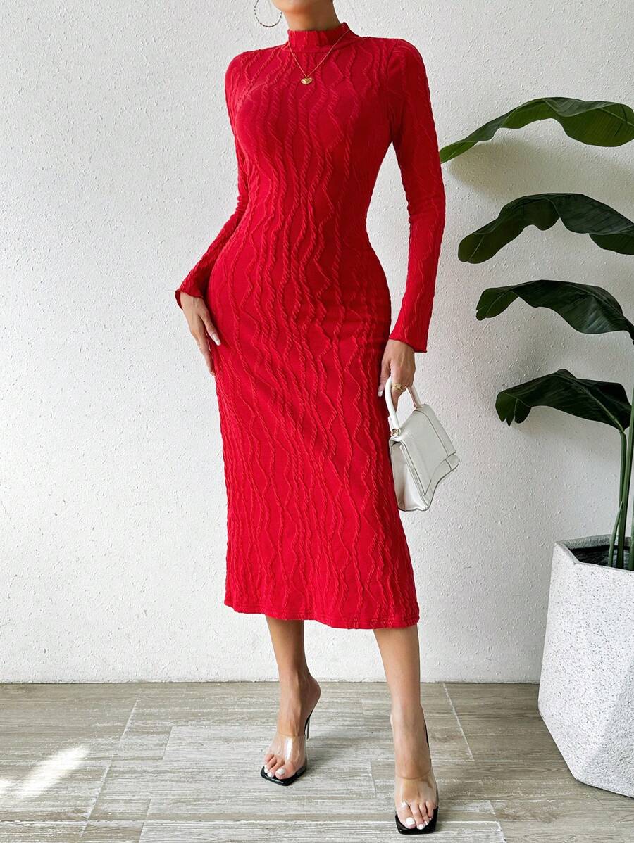 Chiquease Slim Fit Textured Stand Collar Dress - Red - View 1