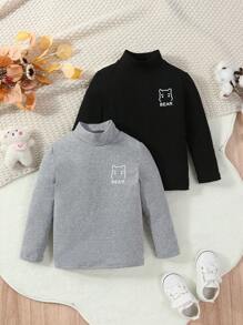 SHEIN 幼兒女童半高領保暖打底t卹,長袖,2件春秋款 - 灰色 - 查看 1