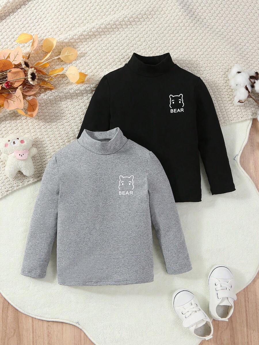 SHEIN 幼兒女童半高領保暖打底t卹,長袖,2件春秋款 - 灰色 - 查看 1