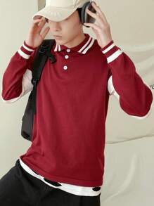 Claim Dot Nam Cổ áo Polo Sọc Cổ tay áo Áo len - Màu Đỏ Sâu - Xem 4