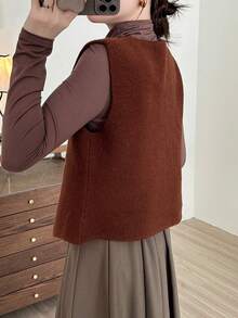 Chaleco De Suéter Marrón Café Con Cuello En V Elegante Para Otoño E Invierno - Café integral - Ver 2