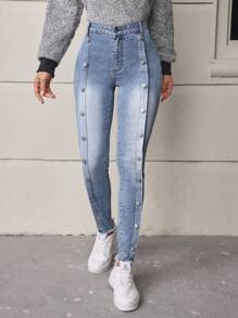 SHEIN LUNE Button Detail Slim Fit Denim Jeans