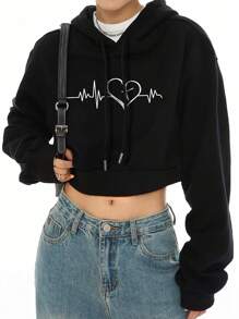 SHEIN LUNE 心型圖案束口帽衫 - 黑色 - 查看 1