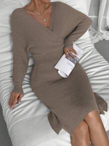 SHEIN Privé 女士交叉前緊身毛衣連衣裙 - 卡其色 - 查看 6