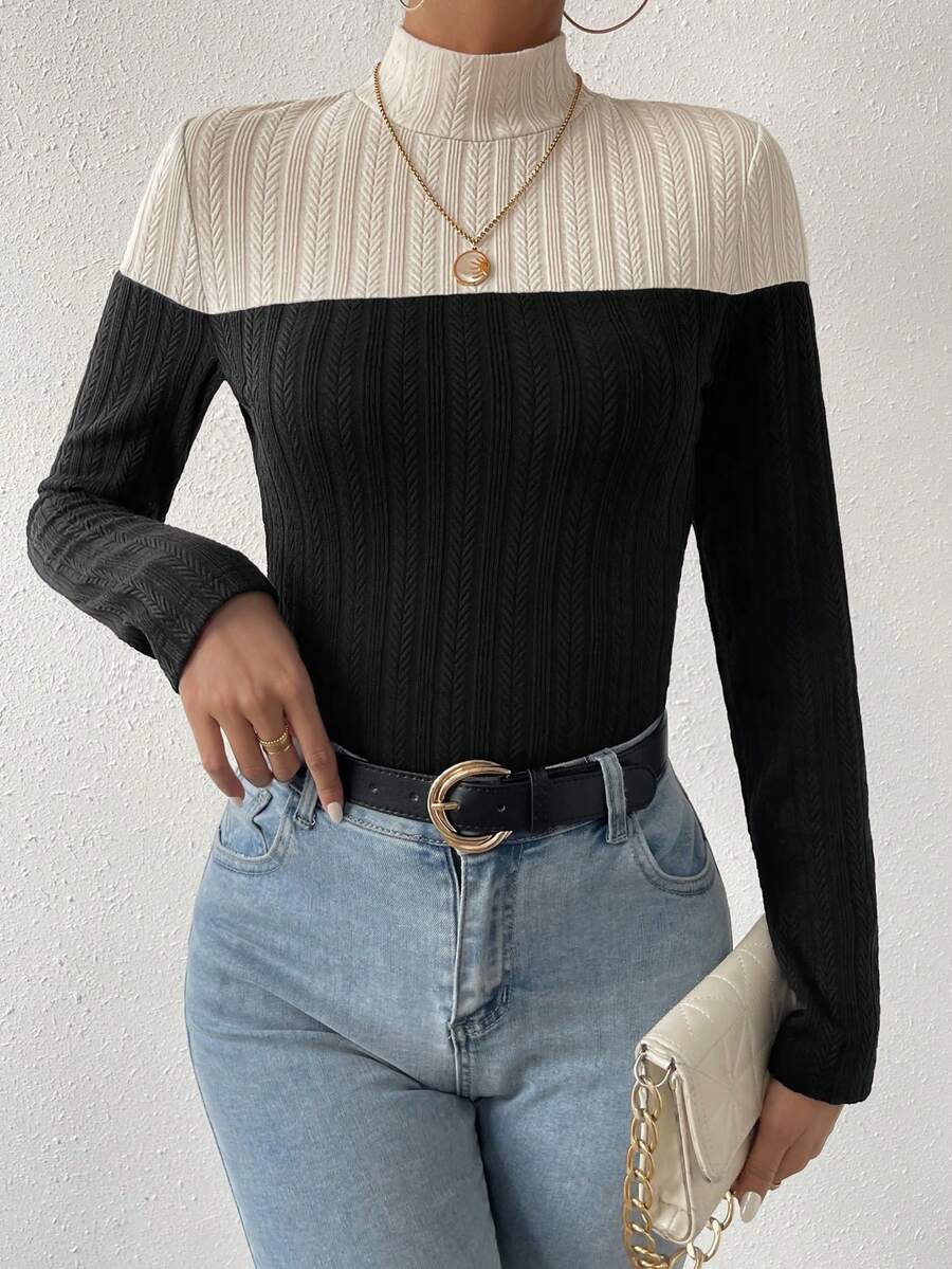 Chiquease Của phụ nữ Tương phản Màu sắc Đứng cổ áo Áo thun - màu đen - Xem 1