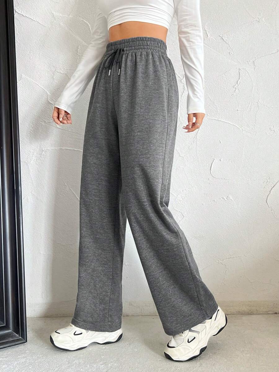 SHEIN EZwear 純色腰部束繩寬腿褲 - 深灰色 - 查看 1