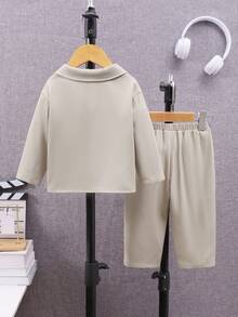 SHEIN Unisex Baby Solid Color Lapel Coat Wide-leg Trousers Two-piece Set - Apricot - View 4