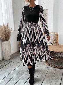 SHEIN Clasi Ladies' Long Sleeve Zigzag Pattern Dress - Multicolor - View 5