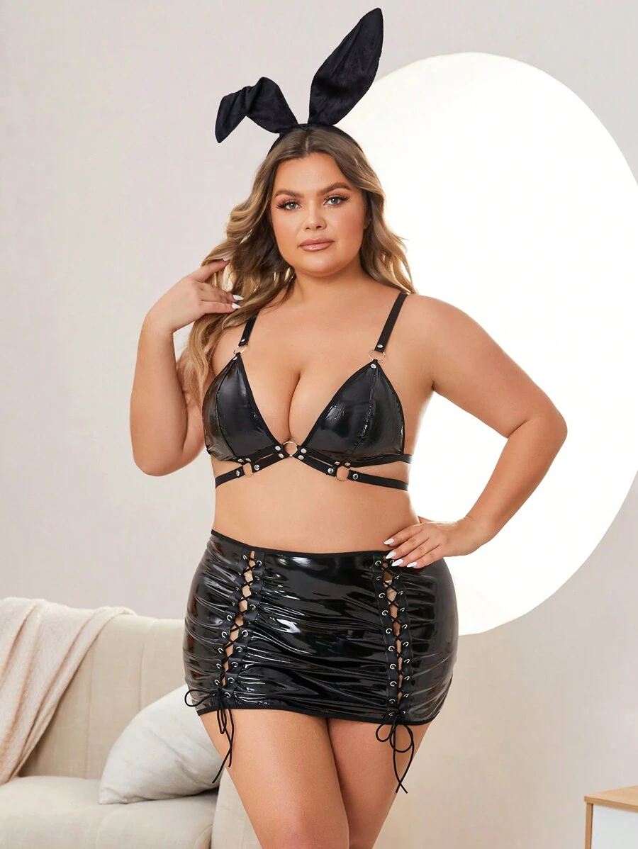 Traje De Conejito De Talla Grande De 3 Piezas Para Mujeres Para El Juego De Roles Eróticos - Negro - Ver 1