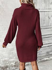 SHEIN LUNE 高領燈籠袖落肩毛衣連身裙 - 酒紅色 - 查看 2