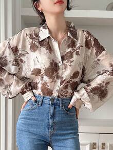 Dazy Star Của phụ nữ Hoa In Nút xuống Áo len Mở Với Thả vai - Màu be - Xem 5