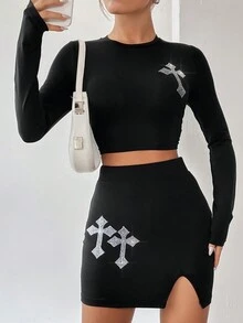 SHEIN ICON Women's Criss-cross Rhinestone Decor Cropped Top And Skirt Two Piece Set - Black - View 5