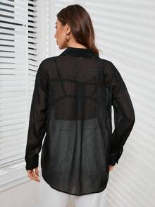 SHEIN Privé Women's Shiny Long Sleeve Shirt - Black - View 2