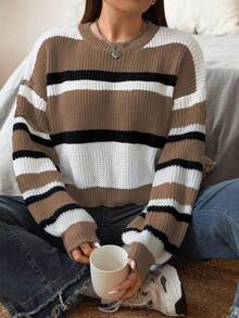 Flirla Kích thước lớn Ngắn Sọc Áo len Áo chui đầu - Màu Khaki - Xem 6