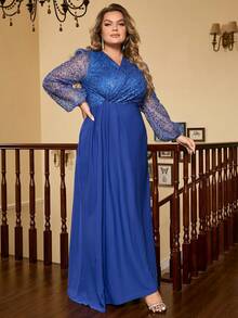 Plus Contrast Sequin Lantern Sleeve Dress - Blue - View 5