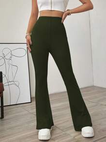 EURMUSE Solid Color Bell Bottom Pants - Green - View 4