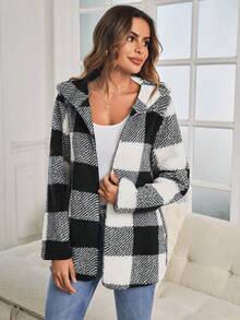 SHEIN LUNE Hoa văn kẻ sọc áo có mũ Áo khoác Teddy - màu đen - Xem 7