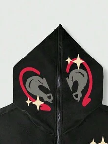 ROMWE MEN Street Life 男士字母&圖案拉鏈連帽衫 - 黑色 - 查看 3