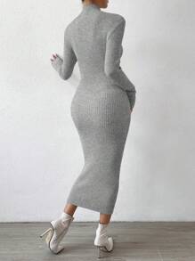 SHEIN Privé Solid Color Stand Collar Slim Fit Sweater Dress - Light Grey - View 2