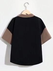 SHEIN 男孩休閒寬鬆立領字母印花拼接襯衫 - 黑色 - 查看 2