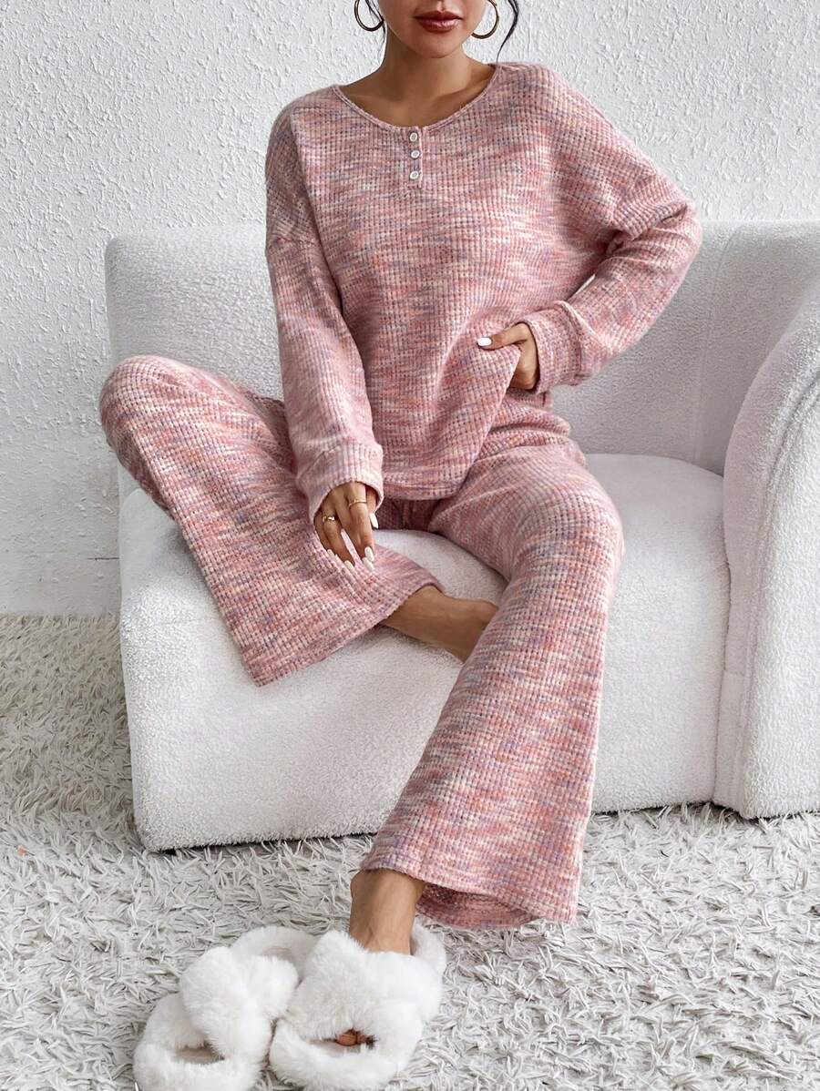 SHEIN Unity 段染落肩T恤和褲子 - 粉色 - 查看 1