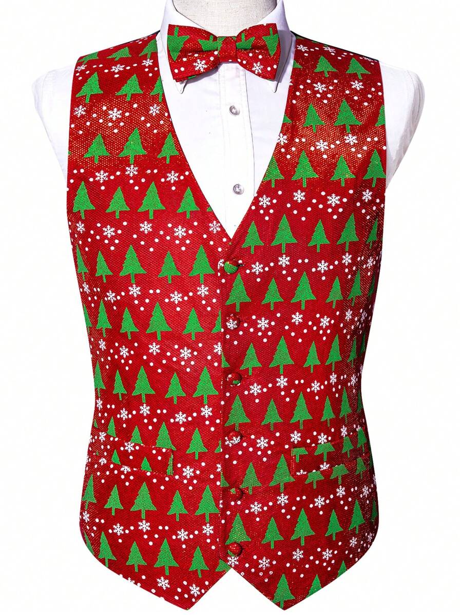 Men's Christmas Tree Print V-Neck Single-Breasted Vest, Suitable For Holiday Party Occasions - Red - View 1