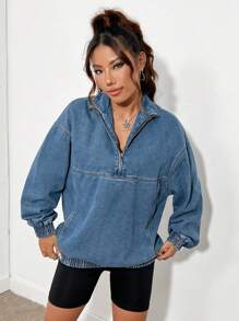 SHEIN ICON Half Zipper Slouchy Denim Top With Drop Shoulder, Fall Women Clothes - Blue - View 4
