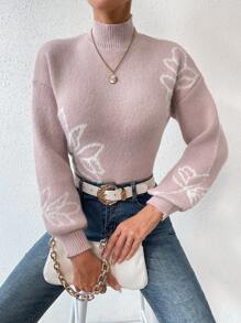 SHEIN Essnce 高領下垂肩花紋毛衣 - 淺粉色 - 查看 3