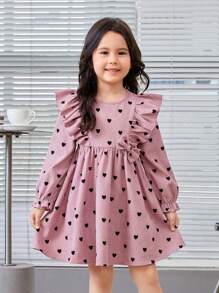 SHEIN 幼兒女孩 Love 印花燈芯絨荷葉邊下擺連身裙,帶有蝴蝶結細節,長袖 - 粉色 - 查看 2