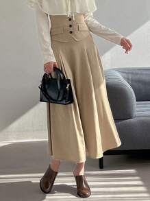 FRIFUL Của phụ nữ Cao eo Chi tiết Nút Váy - Màu Khaki - Xem 4