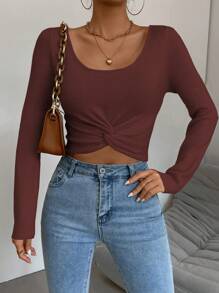 Chiquease Knitted Crop Top With Twist Detail And Large Round Neckline - Burgundy - View 3