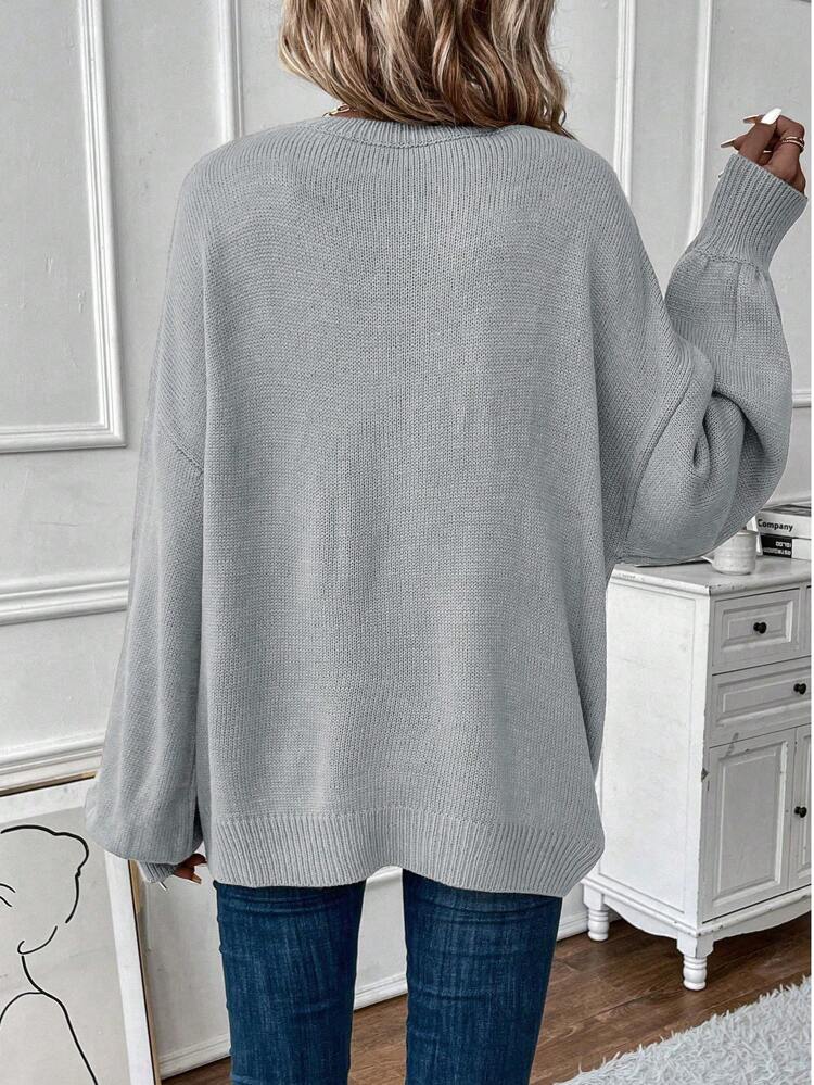 Solid Color Drop Shoulder Rib Knitted Sweater Fall Winter