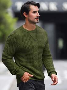 Manfinity Homme 男士純色長袖毛衣 - 軍綠色 - 查看 4