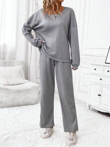 SHEIN LUNE 女士純色圓領寬鬆上衣和褲子套裝 - 灰色 - 查看 3