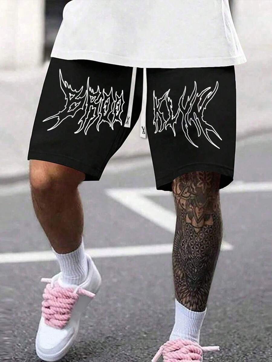 Manfinity LEGND 男士哥德式英文印花短褲 - 黑色 - 查看 1