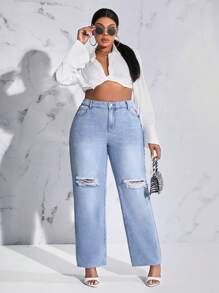 SHEIN SXY Hơn Rách Quần legging thẳng - Rửa nhẹ - Xem 3