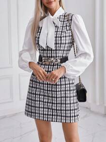 SHEIN Privé 女士方格紋領帶領口燈籠袖連衣裙,不含腰帶 - 黑與白 - 查看 2