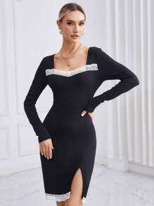 SHEIN Privé 女士長袖蕾絲拼接緊身裙 - 黑色 - 查看 4