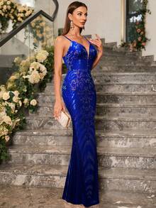 Đầm dự tiệc đính sequin hoa dây mảnh cho nữ - Xanh đậm - Xem 7