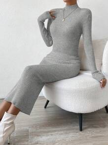 SHEIN Privé Solid Color Stand Collar Slim Fit Sweater Dress - Light Grey - View 3