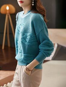 Áo len họa tiết hoa dày dặn ấm áp mùa đông dành cho nữ có cổ tròn & trễ vai, kiểu dáng rộng rãi và thướt tha - Màu xanh lam - Xem 3