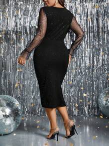 SHEIN Clasi Plus Contrast Mesh Flare Sleeve Ruched Split Thigh Glitter Dress Maxi Women Outfit